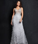 Floor Length Sleeveless Open-Back Illusion Beaded Fitted Sheer Plunging Neck Evening Dress