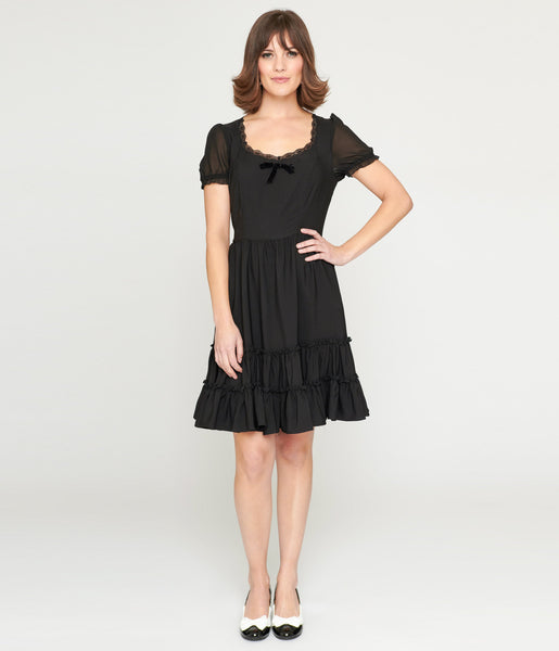 Velvet Puff Sleeves Sleeves Short Lace Trim Back Zipper Little Black Dress With a Bow(s)