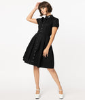 Collared Pocketed Button Front Fitted Back Zipper Swing-Skirt Cotton Evening Dress