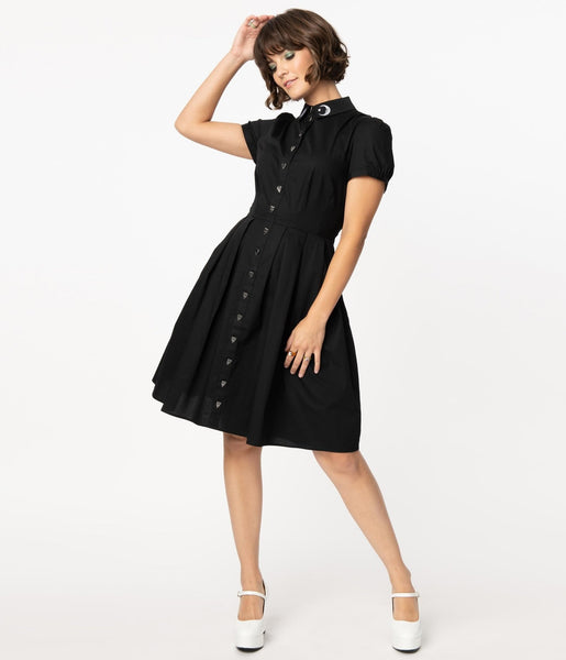 Swing-Skirt Pocketed Fitted Back Zipper Button Front Cotton Collared Evening Dress