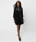 Keyhole Glittering Self Tie High-Neck Smocked Short Long Sleeves Velvet Dress