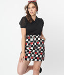 Hell Bunny Black & Check & Strawberry Denim Mini Skirt
