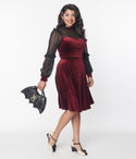 Illusion Long Sleeves Collared Swing-Skirt Dress With Ruffles