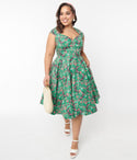 Cotton Elasticized Waistline Swing-Skirt Floral Print Back Zipper Fitted Sweetheart Cap Sleeves Midi Dress