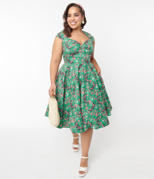 Floral Print Swing-Skirt Elasticized Waistline Cap Sleeves Back Zipper Fitted Cotton Sweetheart Midi Dress