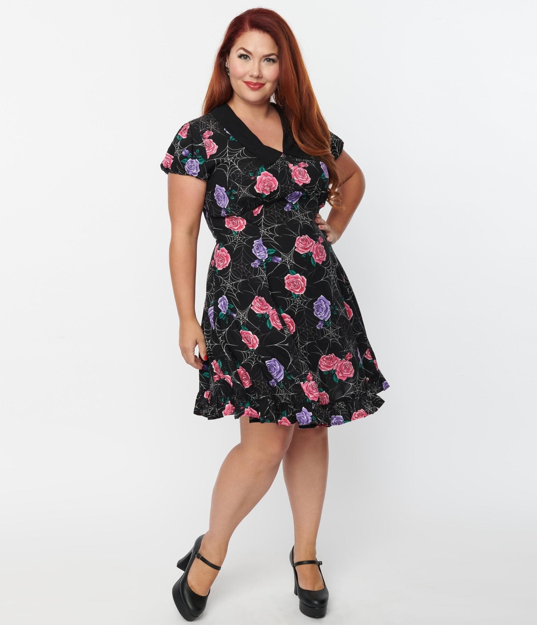 

Hell Bunny Plus Size Black Spiderweb & Roses Eloise Mini Dress