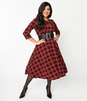 Scoop Neck Plaid Print Belted Cutout Mesh 3/4 Sleeves Swing-Skirt Dress