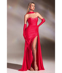 Sexy Strapless Satin Halter Draped Ruched Slit Prom Dress With a Sash