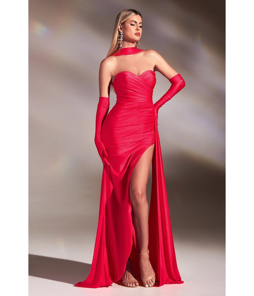 Sexy Strapless Halter Satin Draped Ruched Slit Prom Dress With a Sash