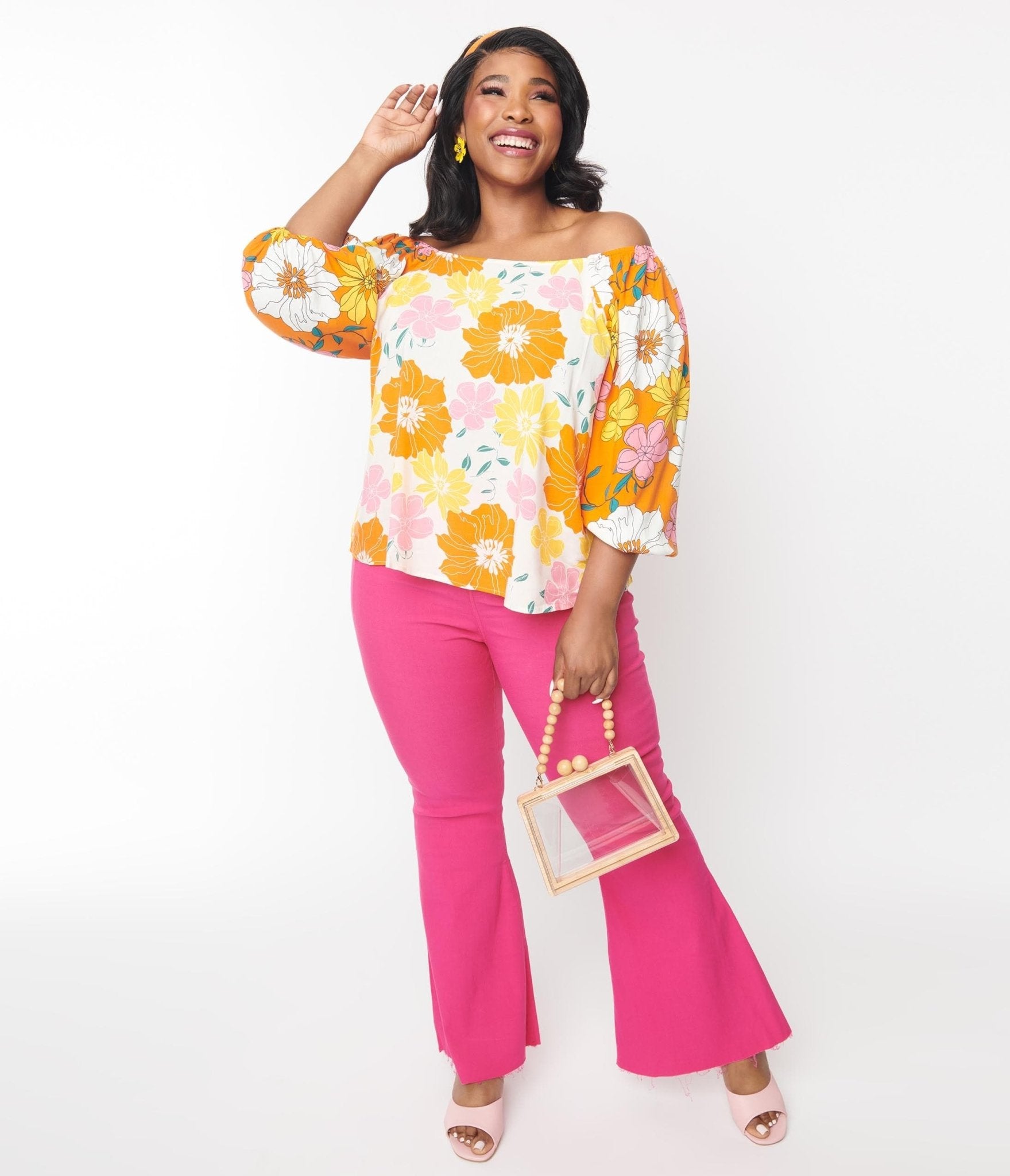 Plus Size Hot Pink Puff Sleeve Jumpsuit