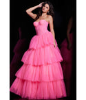 A-line Strapless Sleeveless Sheer Tiered Pleated Floor Length Corset Waistline Tulle Sweetheart Prom Dress