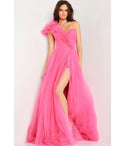 Sophisticated A-line Open-Back Pleated Slit Tulle Floor Length Sweetheart One Shoulder Sleeveless Dress With Ruffles