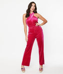 Halter Velvet Pocketed Back Zipper Jumpsuit