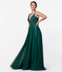 A-line V-neck Embroidered Sheer Fitted Floral Print Tulle Floor Length Ball Gown Prom Dress With Rhinestones