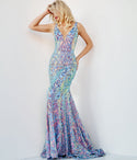 V-neck Open-Back Fitted Sequined Illusion V Back Sleeveless Floor Length Evening Dress