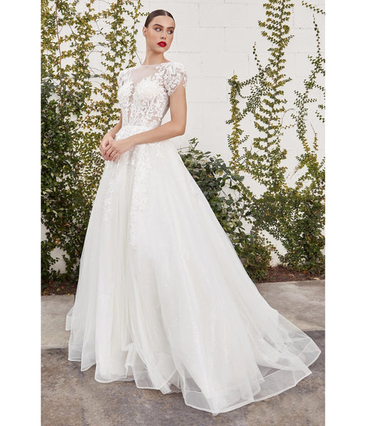 A-line Floor Length Short Sleeves Sleeves Tulle Lace-Up Glittering Applique Sheer High-Neck Corset Waistline Floral Print Ball Gown Wedding Dress