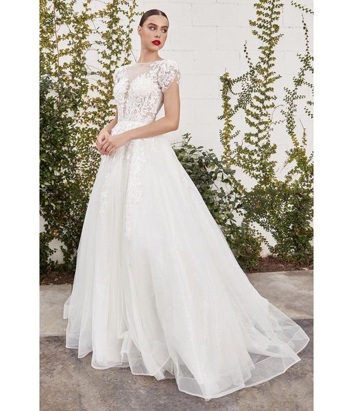 A-line High-Neck Glittering Lace-Up Sheer Applique Corset Waistline Tulle Floor Length Floral Print Short Sleeves Sleeves Ball Gown Wedding Dress