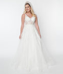 V-neck Semi Sheer Embroidered Floral Print Sleeveless Ball Gown Wedding Dress by May Queen Inc.