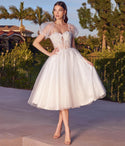 Floral Print Illusion Glittering Swing-Skirt Tea Length Chiffon Corset Waistline Bridesmaid Dress/Prom Dress
