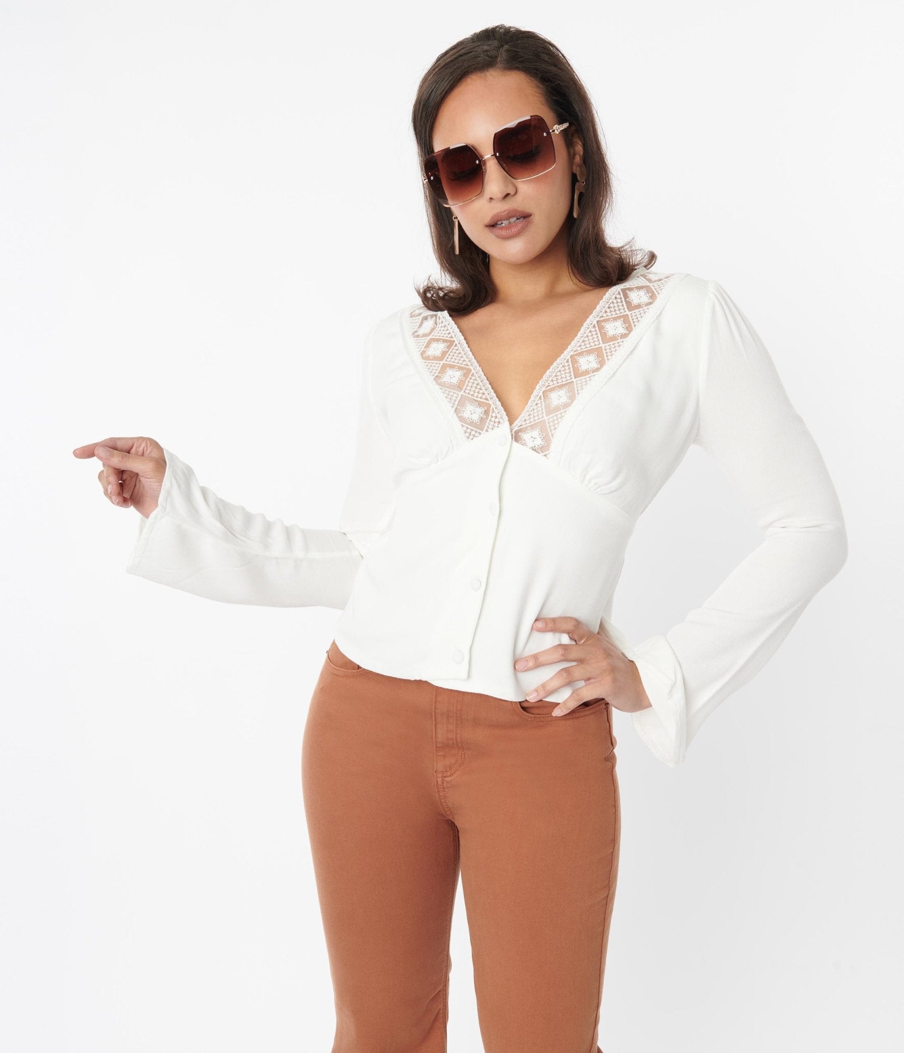

Ivory Lace Trim Bell Long Sleeve Top