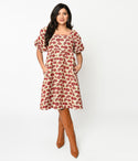 Floral Print Fitted Jacquard Pocketed Above the Knee Smocked Square Neck Fit-and-Flare Puff Sleeves Sleeves Dress