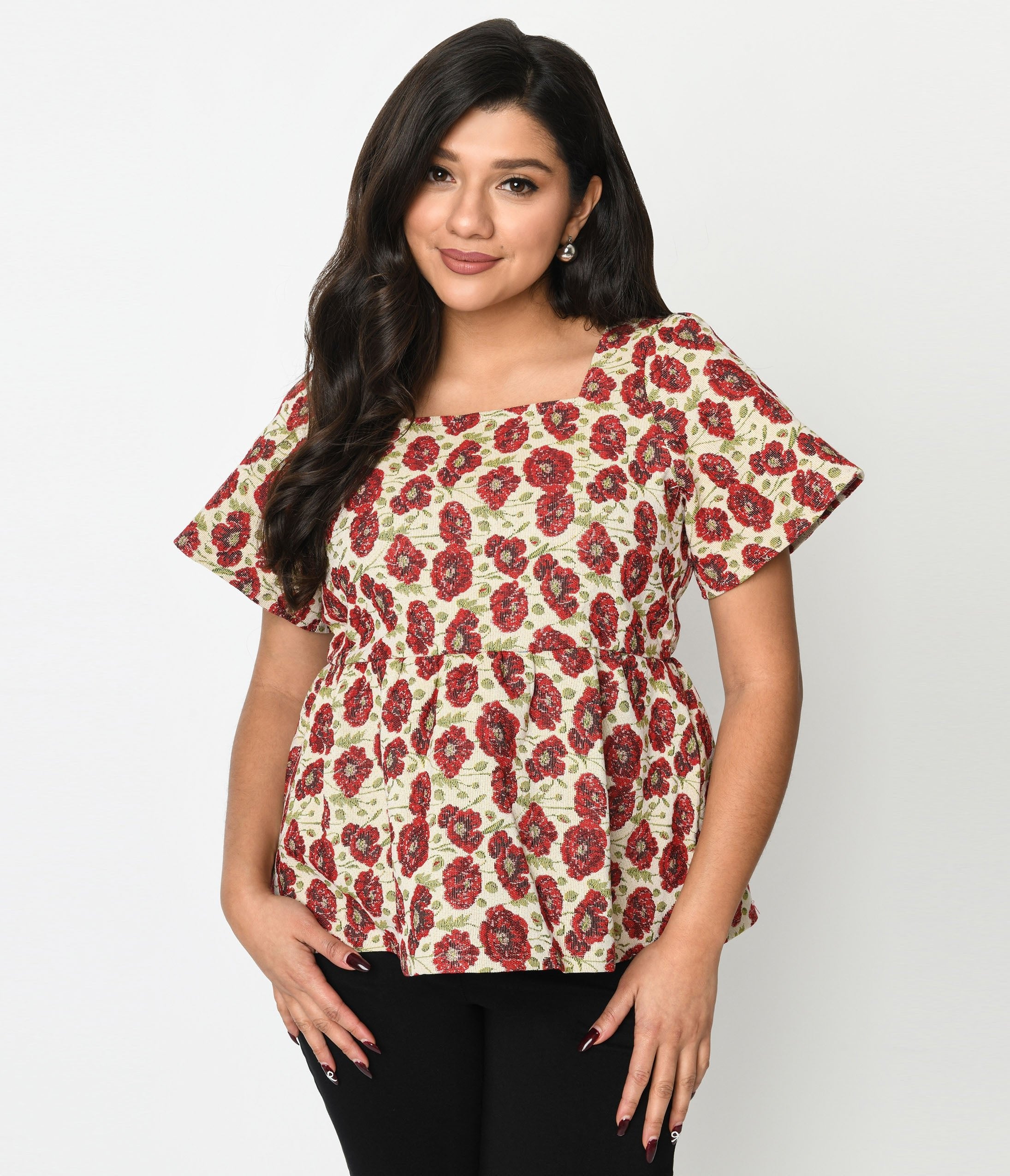 

Ivory & Red Floral Kiss Jacquard Peplum Top