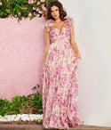 V-neck Open-Back Cutout Plunging Neck Floral Print Maxi Dress With Ruffles