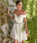 A-line Satin Above the Knee Sweetheart Off the Shoulder V Back Flowy Prom Dress/Wedding Dress