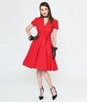 Sophisticated Tie Waist Waistline Collared Swing-Skirt Short Puff Sleeves Sleeves Button Front Dress With a Sash