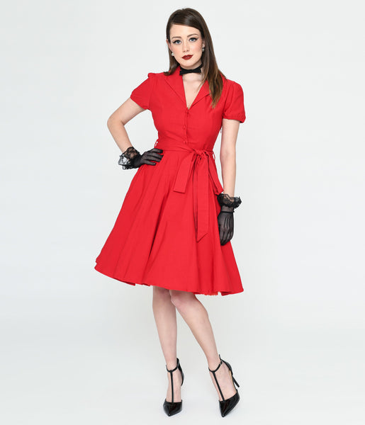 Sophisticated Tie Waist Waistline Button Front Puff Sleeves Sleeves Swing-Skirt Collared Short Dress With a Sash