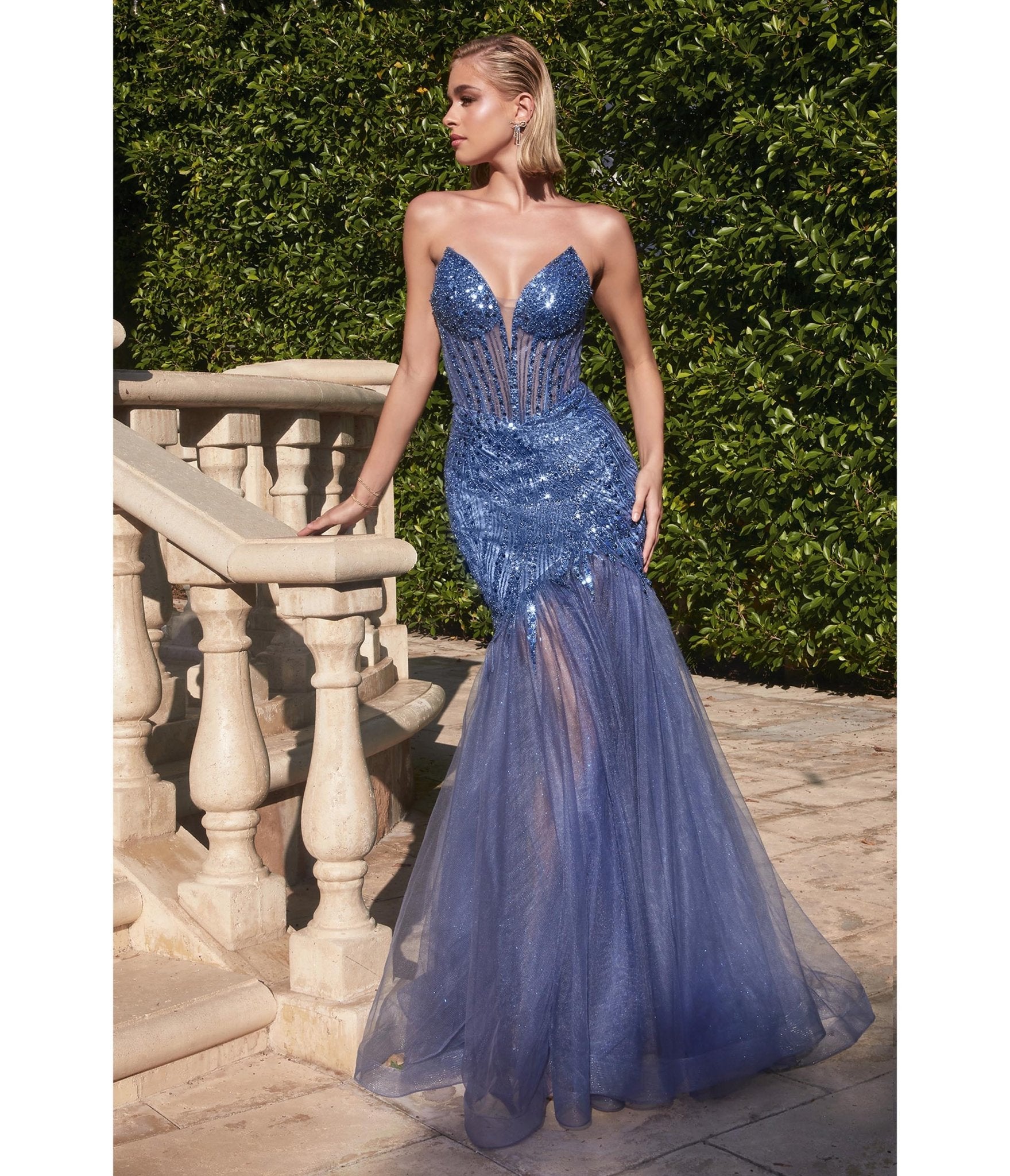 

Cinderella Divine Lapis Blue Beaded Sequin Strapless Mermaid Prom Dress