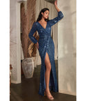 Sophisticated V-neck Sequined Gathered Slit Long Sleeves Evening Dress