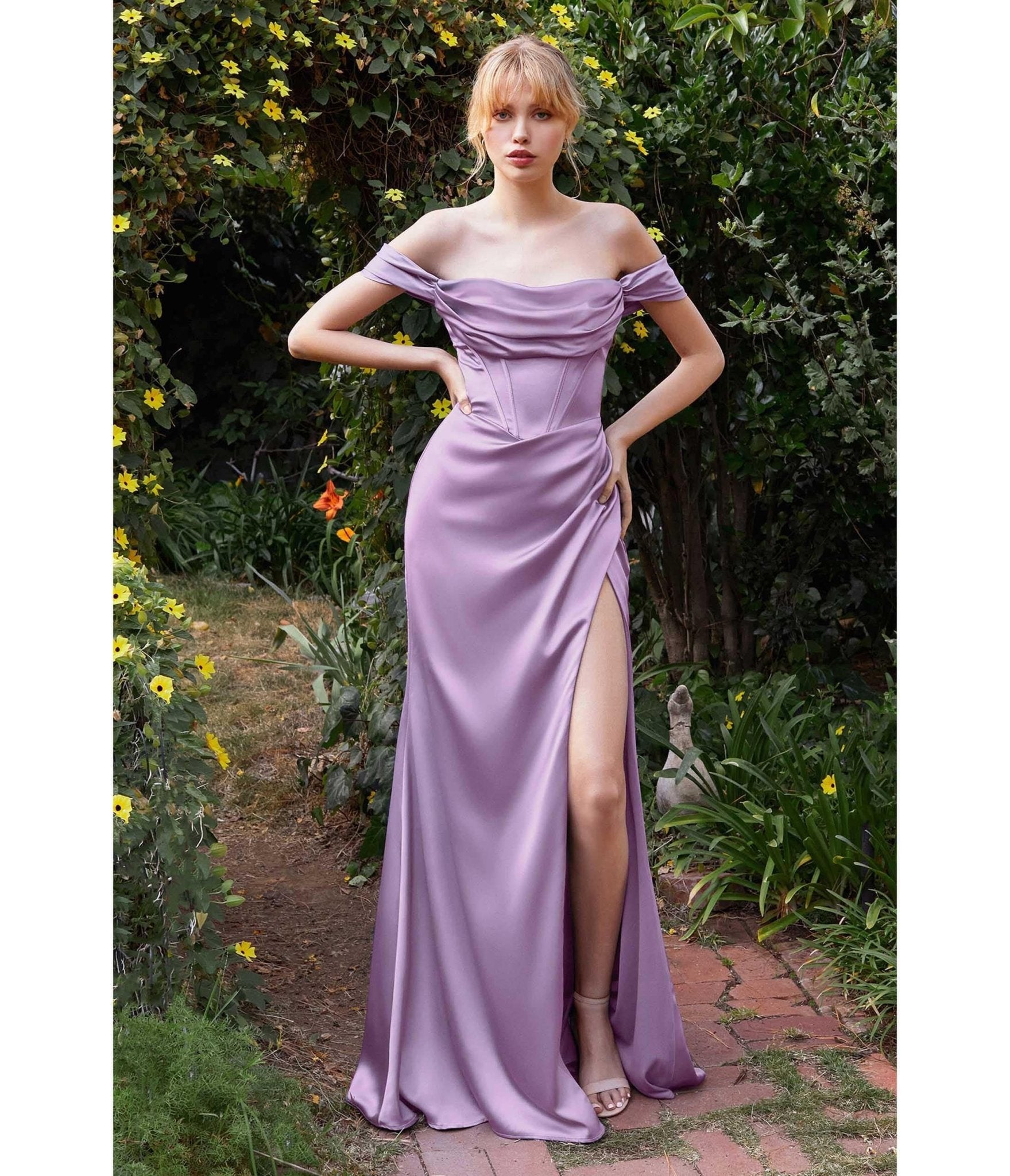 

Cinderella Divine Lavender Satin Off The Shoulder Corset Bridesmaid Gown