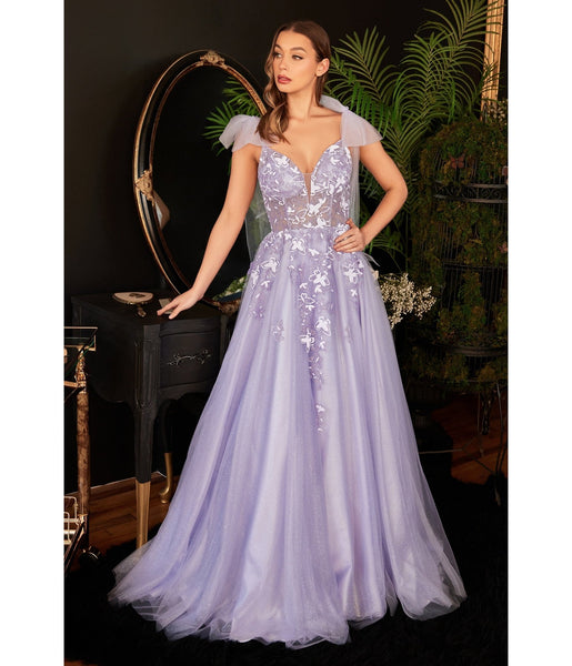 A-line Plunging Neck Tulle Ball Gown Prom Dress With a Bow(s)