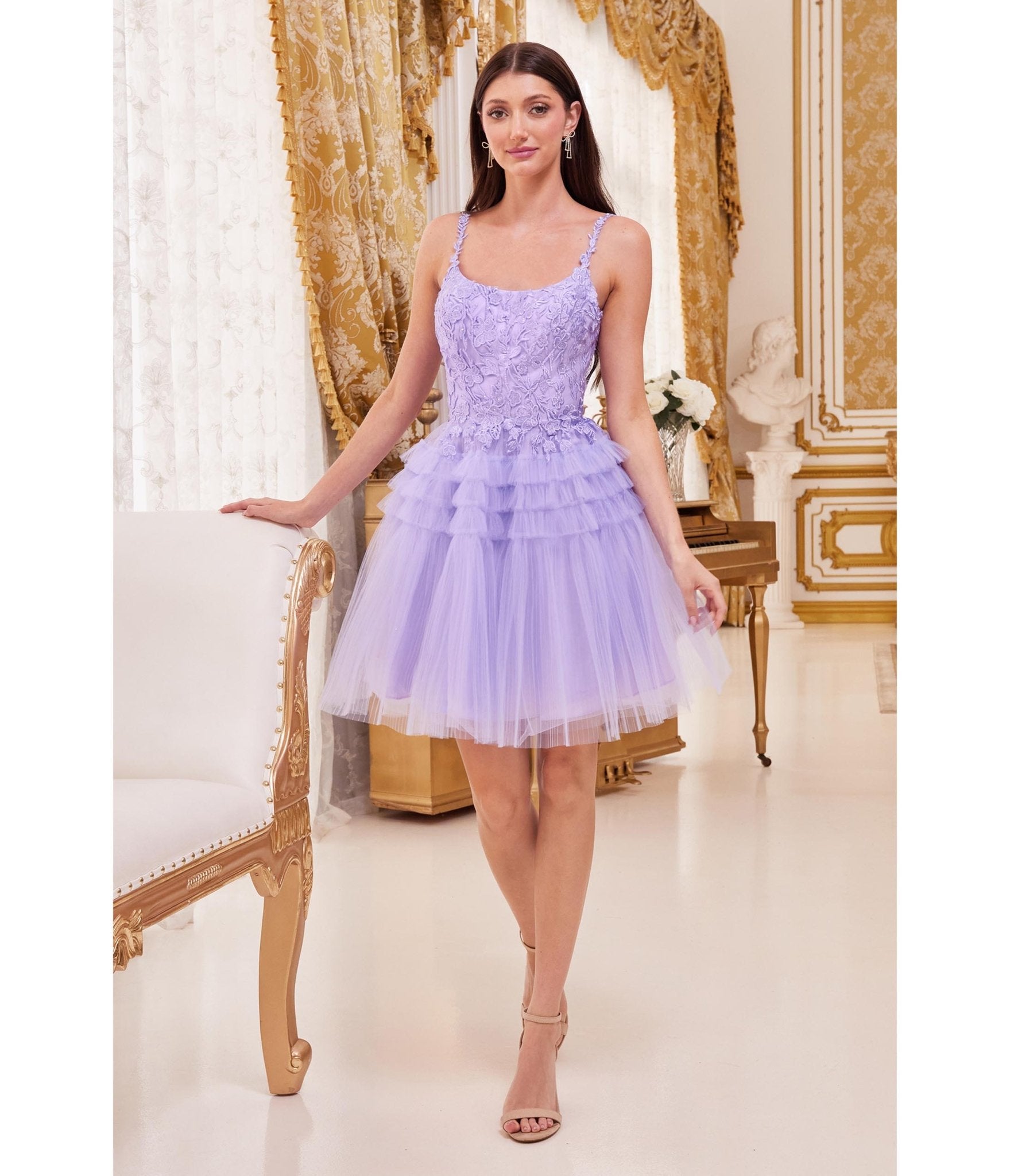 

Cinderella Divine Lavender Floral Applique & Tiered Tulle Cocktail Dress