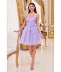 A-line Sleeveless Applique Pleated Open-Back Tiered Wrap Cocktail Short Tulle Floral Print Scoop Neck Dress