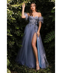 A-line Strapless Floral Print Applique Puff Sleeves Sleeves Tulle Prom Dress