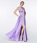 A-line V-neck Shirred Slit Satin Empire Waistline Bridesmaid Dress