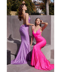 V-neck Sleeveless Spaghetti Strap Floor Length Fitted Glittering Open-Back Satin Evening Dress with a Brush/Sweep Train