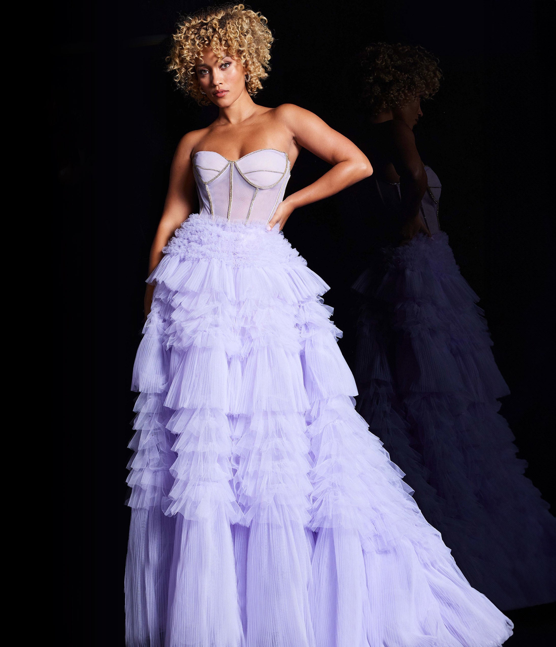 

Jovani Lavender Ruffle Tiered Strapless Sweetheart Ballgown