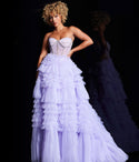 Strapless Sweetheart Corset Waistline Tulle Crystal Tiered Illusion Sheer Sleeveless Dress by Jovani