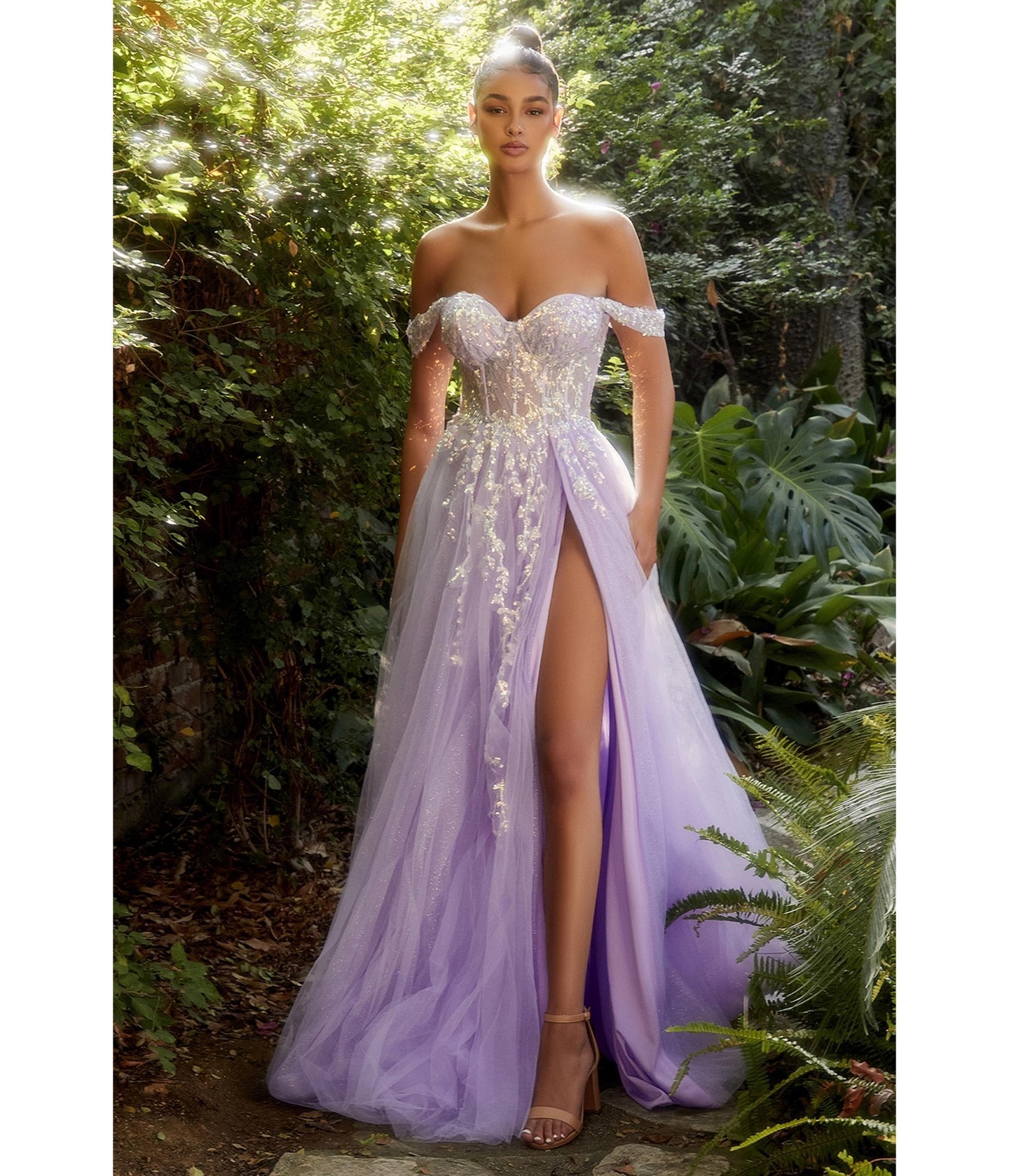 

Cinderella Divine Lavender Sequin Applique Off The Shoulder Tulle Evening Gown