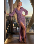 Sophisticated V-neck Long Sleeves Sequined Gathered Slit Evening Dress