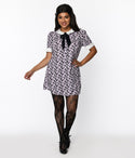 Collared Shift Short Sleeves Sleeves Checkered Print Vintage Button Front Evening Dress