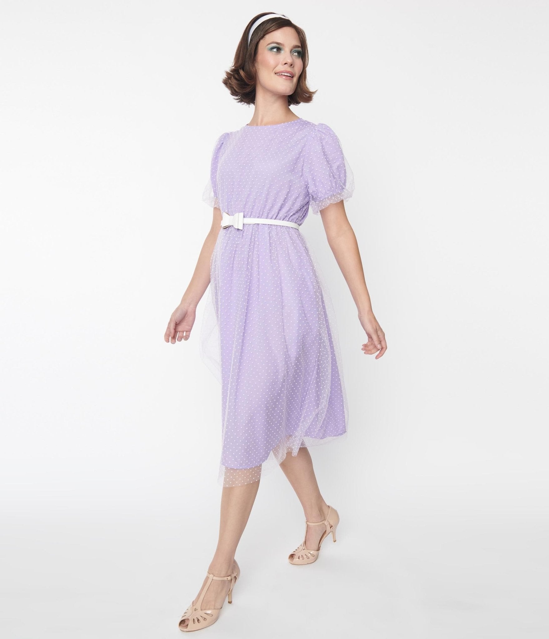 Retro & Vintage Lavender & White Pin Dot Mesh Overlay Midi Dress