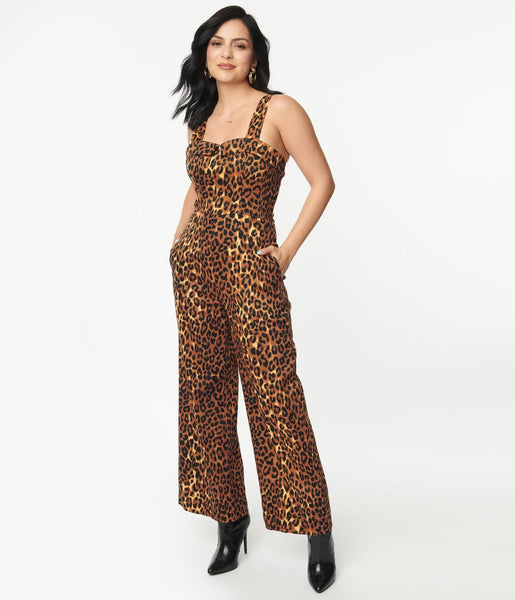 Back Zipper Vintage Pocketed Sweetheart Elasticized Waistline Cotton Animal Leopard Print Jumpsuit