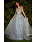 A-line V Back Beaded Tulle Spaghetti Strap Floor Length Prom Dress with a Brush/Sweep Train by Cinderella Divine Moto
