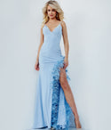 V-neck Sheath Fitted Backless Slit Beaded Sleeveless Spaghetti Strap Sheath Dress/Prom Dress with a Brush/Sweep Train