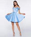 A-line Sweetheart V Back Flowy Off the Shoulder Above the Knee Satin Prom Dress