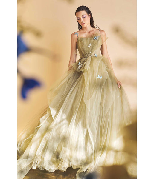 Sophisticated Flutter Sleeves Draped Gathered Applique Tulle Ball Gown Evening Dress/Bridesmaid Dress